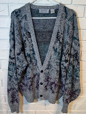 Vintage 80s 90s Method Abstract Cardigan Sweater Mens XL